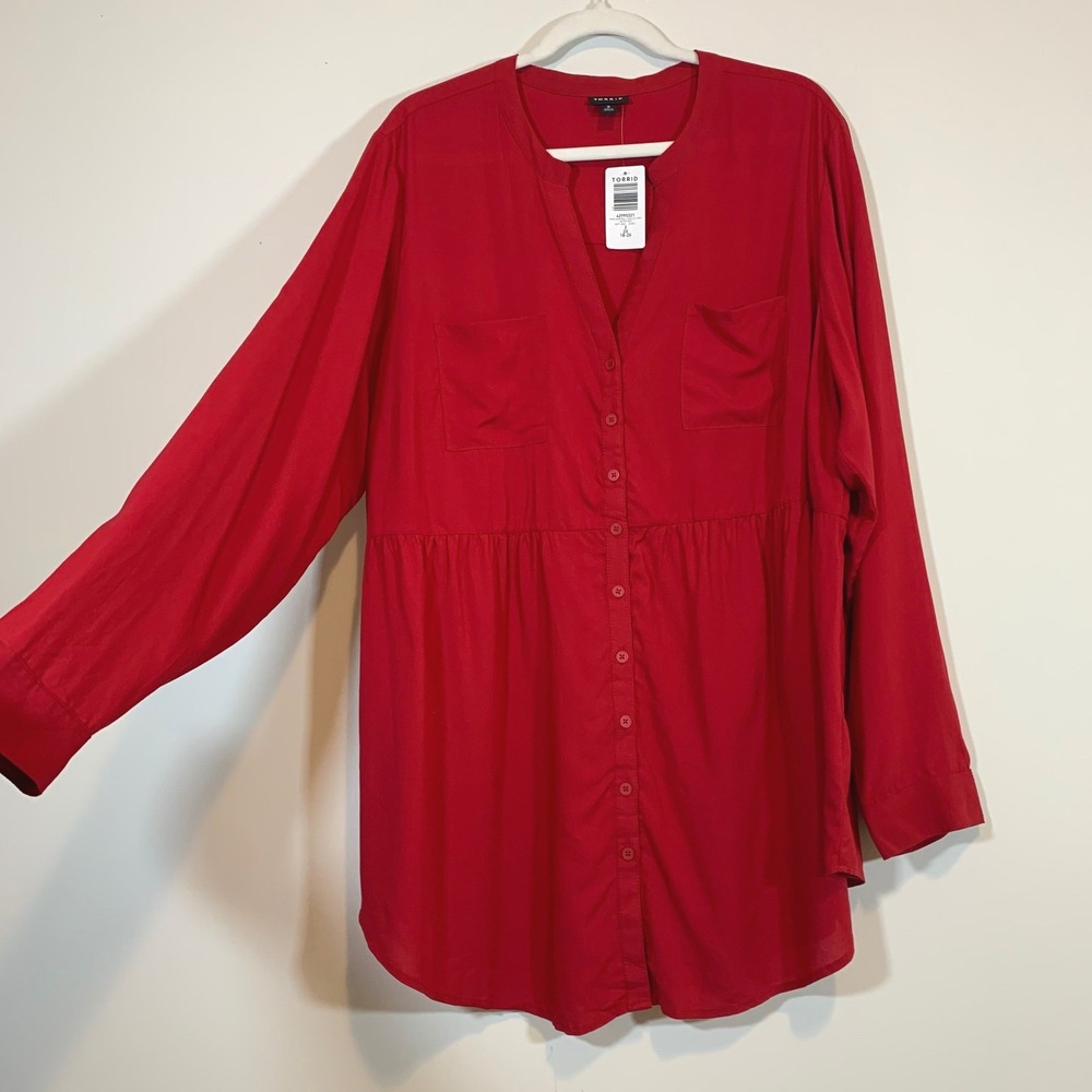 Torrid Emma Babydoll Challis Tunic Jester Red Long Sleeve Womens Top 2 2X 18-20
